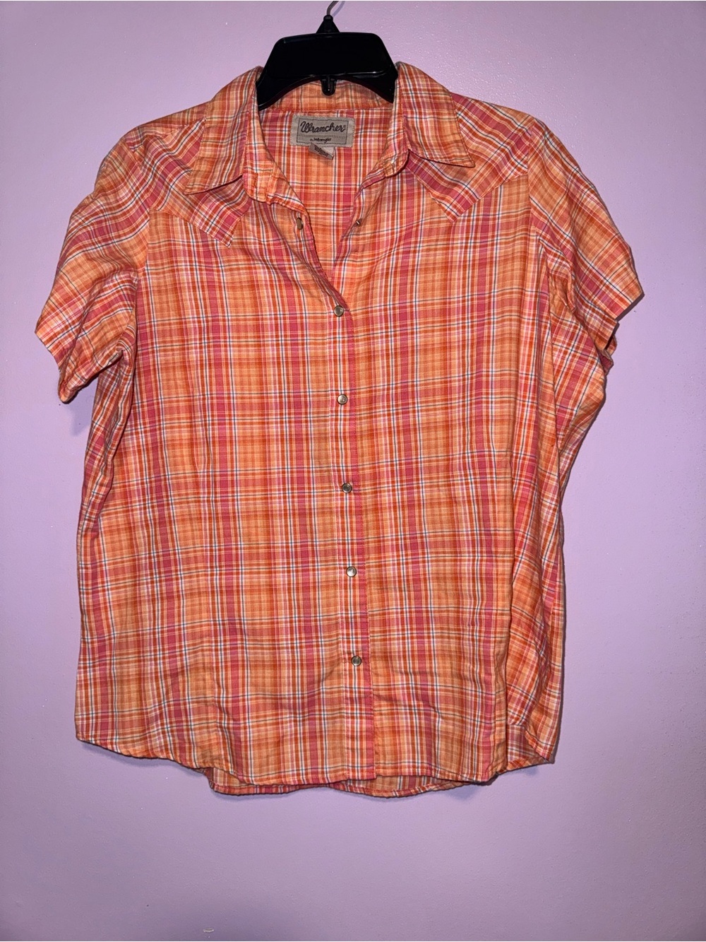 Wrangler Orange Plaid Short-Sleeve Button-Down Top
